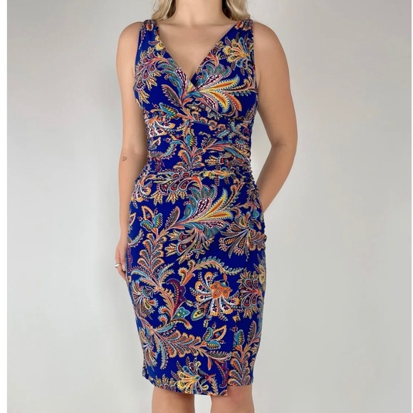 *LAUREN RALPH LAUREN* Multi-Color Wrap Style Ruched Sleeveless Dress - Picture 1 of 12
